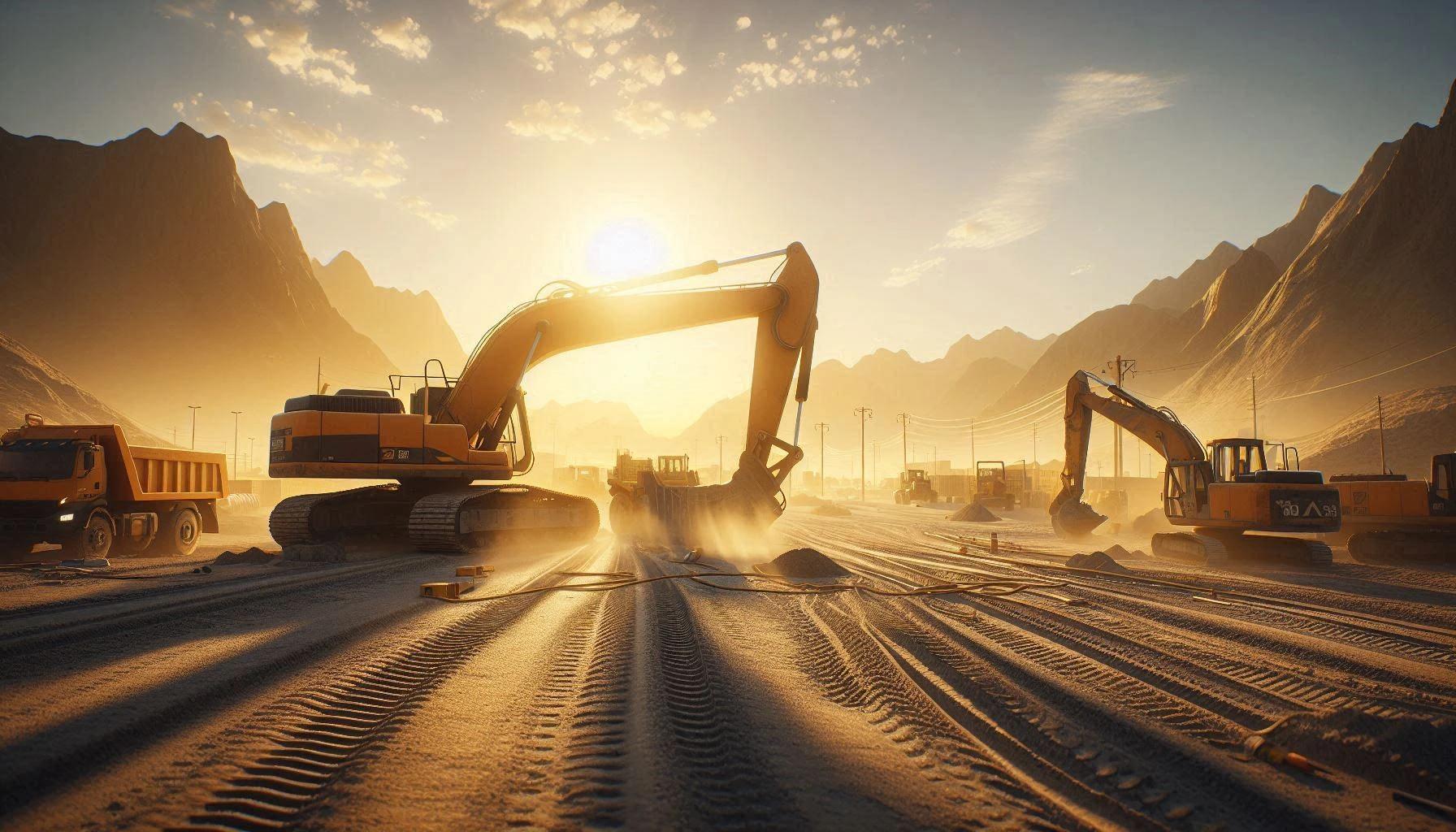 Maquinaria pesada en obra al atardecer