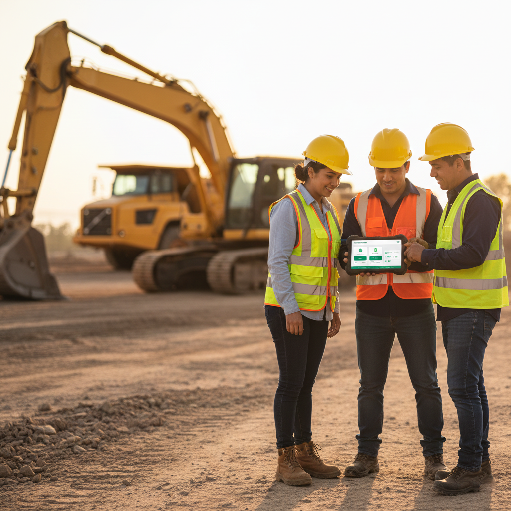 Equipo de trabajo en obra revisando MueveTierras en una tablet frente a maquinaria pesada